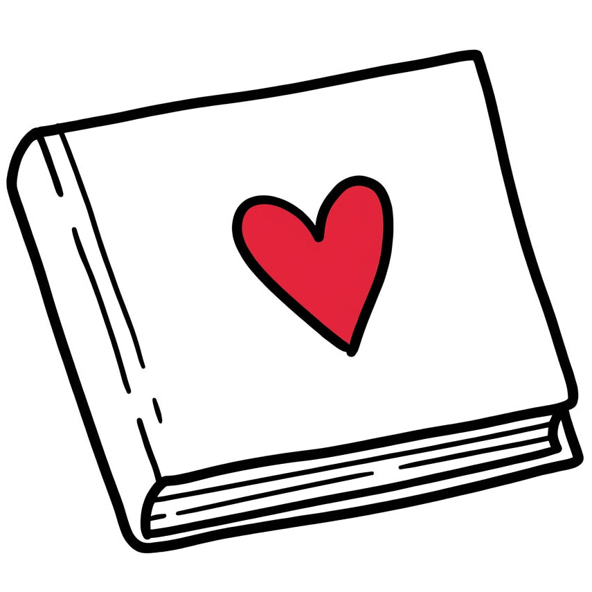 Book with a red heart on the cover against a white background