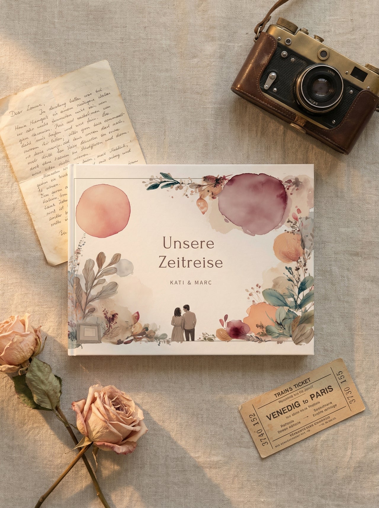 Book titled 'Unsere Zeitreise' with floral design, vintage camera, and rose on textured surface